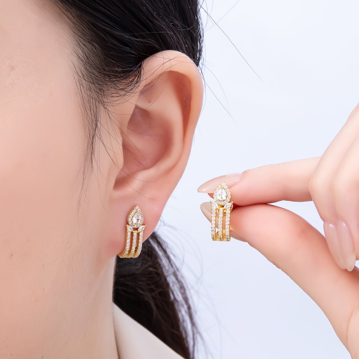 16K Gold Filled 19mm Micro Paved CZ Teardrop Claw J - Shaped Hoop Earrings | Earrings - 00340 - DLUXCA