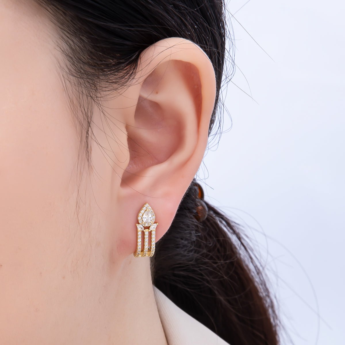 16K Gold Filled 19mm Micro Paved CZ Teardrop Claw J - Shaped Hoop Earrings | Earrings - 00340 - DLUXCA