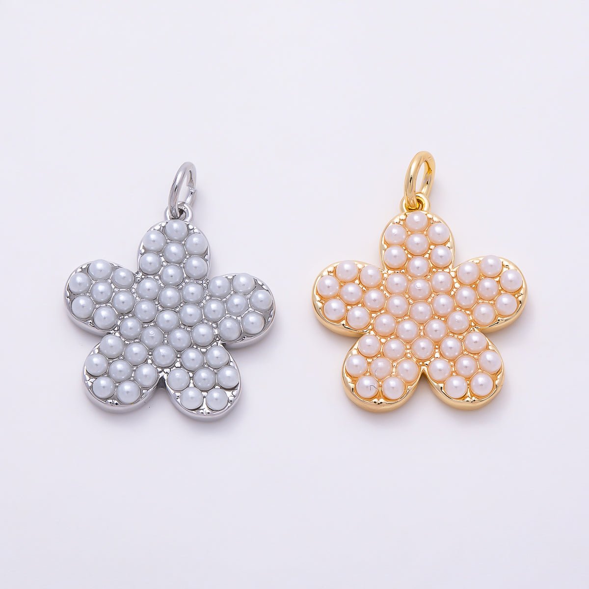 16K Gold Filled 19mm Micro Paved Shell Pearl Five-Petal Flower Charm | Charms-01686 - Charms-01687 - DLUXCA