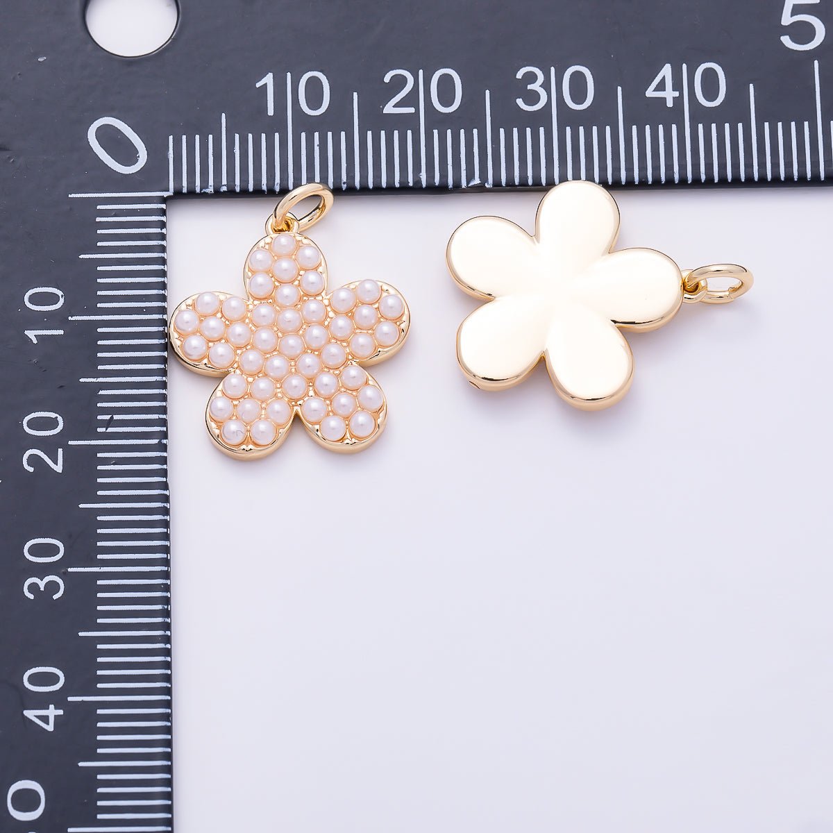16K Gold Filled 19mm Micro Paved Shell Pearl Five-Petal Flower Charm | Charms-01686 - Charms-01687 - DLUXCA