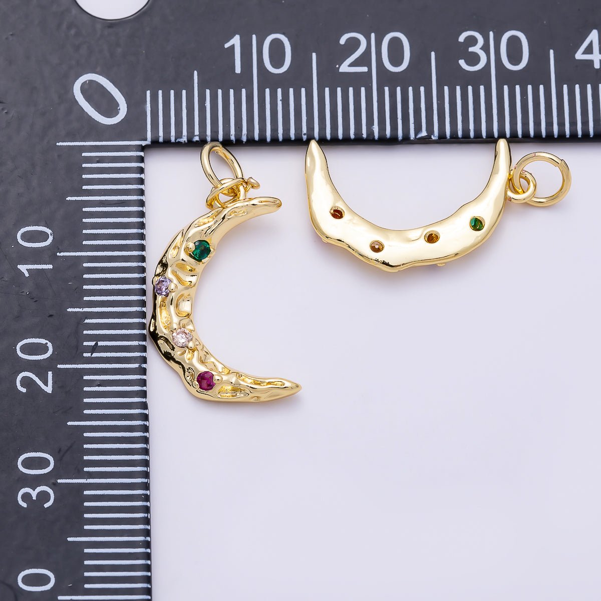 16K Gold Filled 19mm Multicolor CZ Dotted Hammered Celestial Crescent Moon Charm | Charms-01487 - DLUXCA
