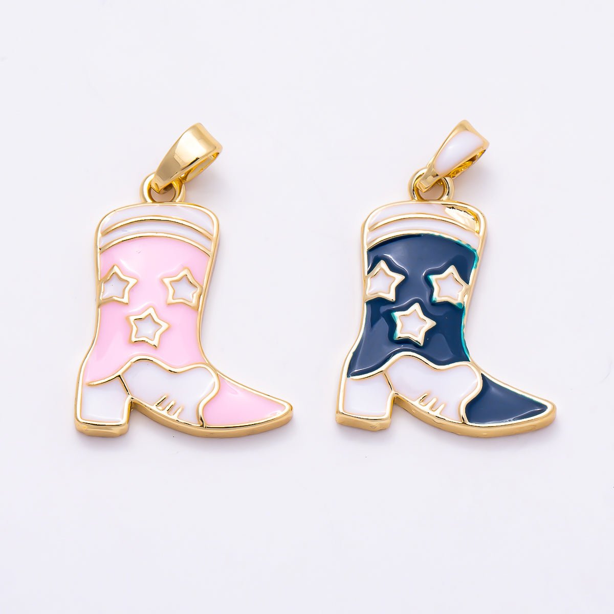 16K Gold Filled 19mm Pink and Navy Western Cowboy Boot Enamel Pendant | Charms-01885 - Charms-01886 - DLUXCA