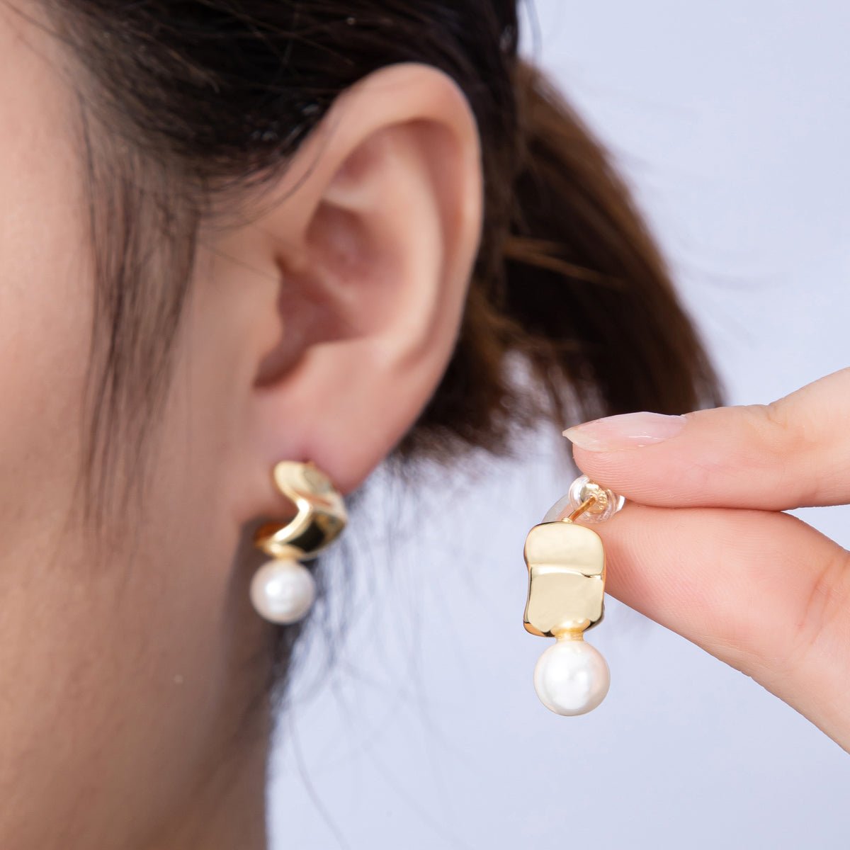 16K Gold Filled 19mm Shell Pearl Wide Molten Drop Stud Earrings | Earrings - 00139 - DLUXCA