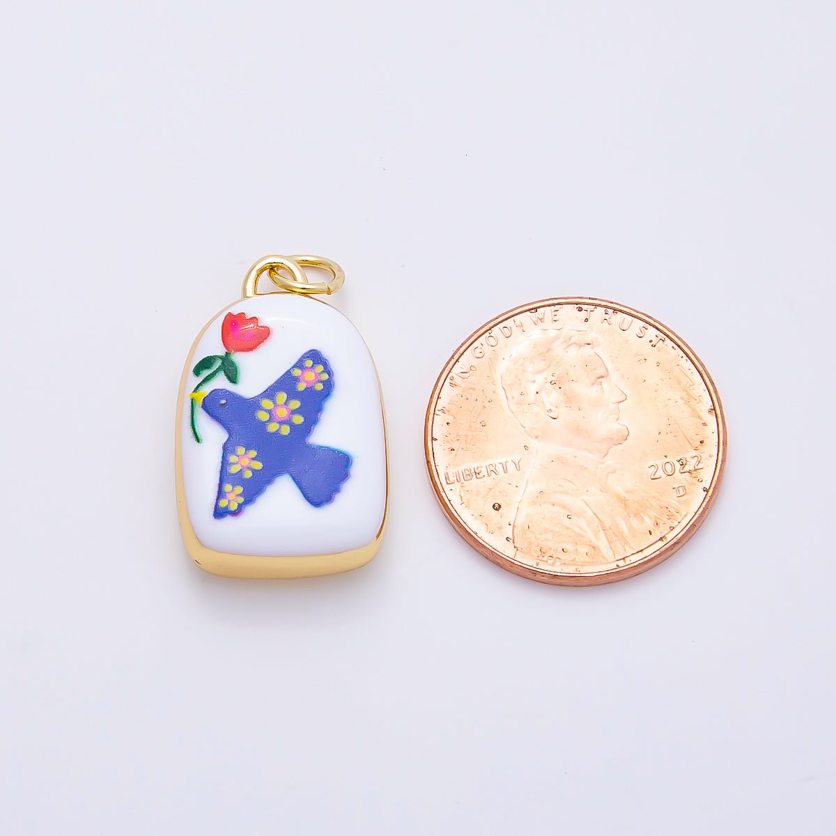 16K Gold Filled 20mm Bird Dove of Peace with Flower Plant Enamel Charm | Charms-01240 - DLUXCA