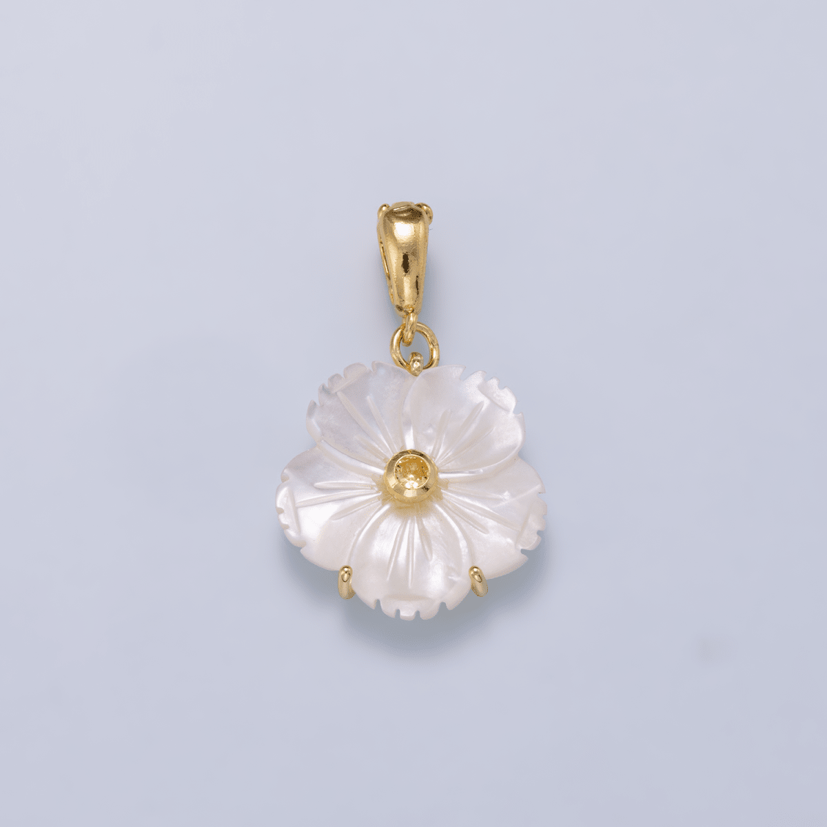 16K Gold Filled 20mm Birthstone CZ Mother of Pearl Flower Snap Drop Pendant | Charms-00965 ~ Charms-00976 - DLUXCA