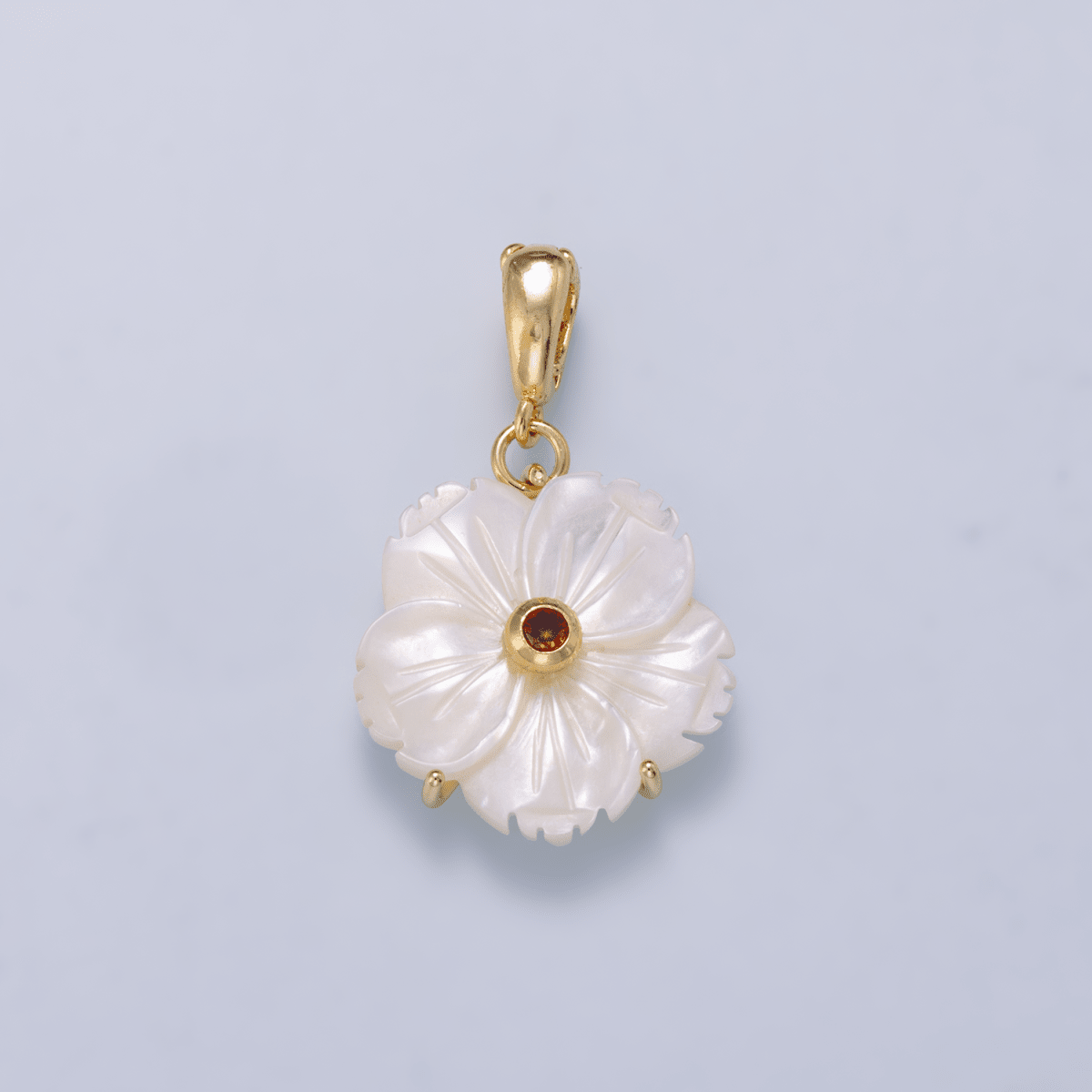 16K Gold Filled 20mm Birthstone CZ Mother of Pearl Flower Snap Drop Pendant | Charms-00965 ~ Charms-00976 - DLUXCA