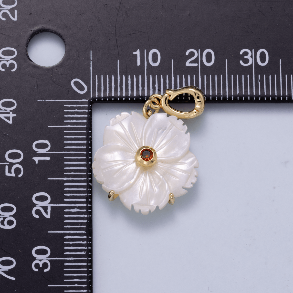 16K Gold Filled 20mm Birthstone CZ Mother of Pearl Flower Snap Drop Pendant | Charms-00965 ~ Charms-00976 - DLUXCA