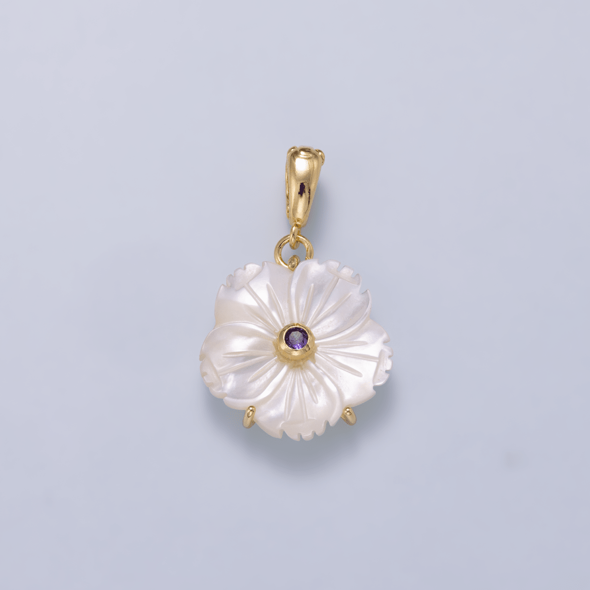 16K Gold Filled 20mm Birthstone CZ Mother of Pearl Flower Snap Drop Pendant | Charms-00965 ~ Charms-00976 - DLUXCA