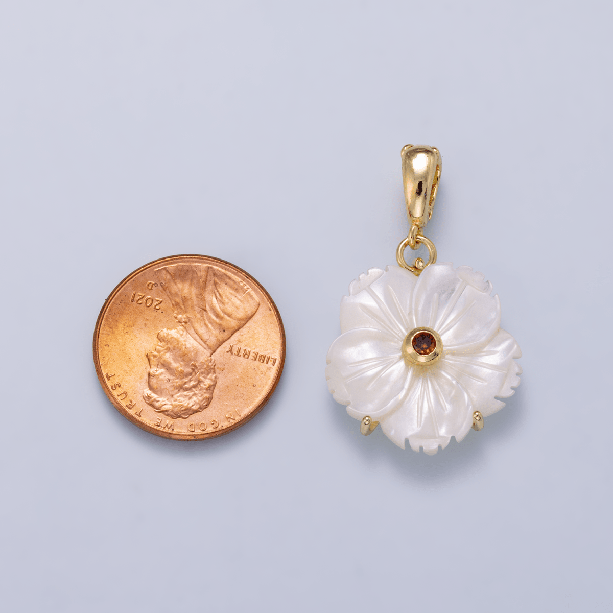 16K Gold Filled 20mm Birthstone CZ Mother of Pearl Flower Snap Drop Pendant | Charms-00965 ~ Charms-00976 - DLUXCA