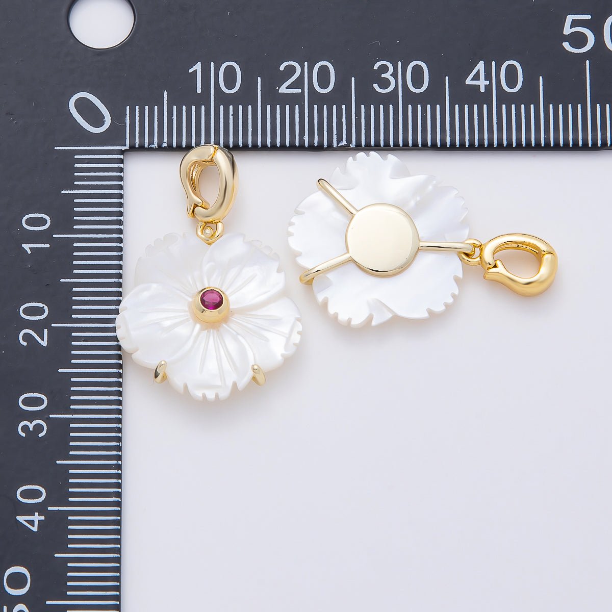16K Gold Filled 20mm Birthstone CZ Mother of Pearl Flower Snap Drop Pendant | Charms-00965 ~ Charms-00976 - DLUXCA