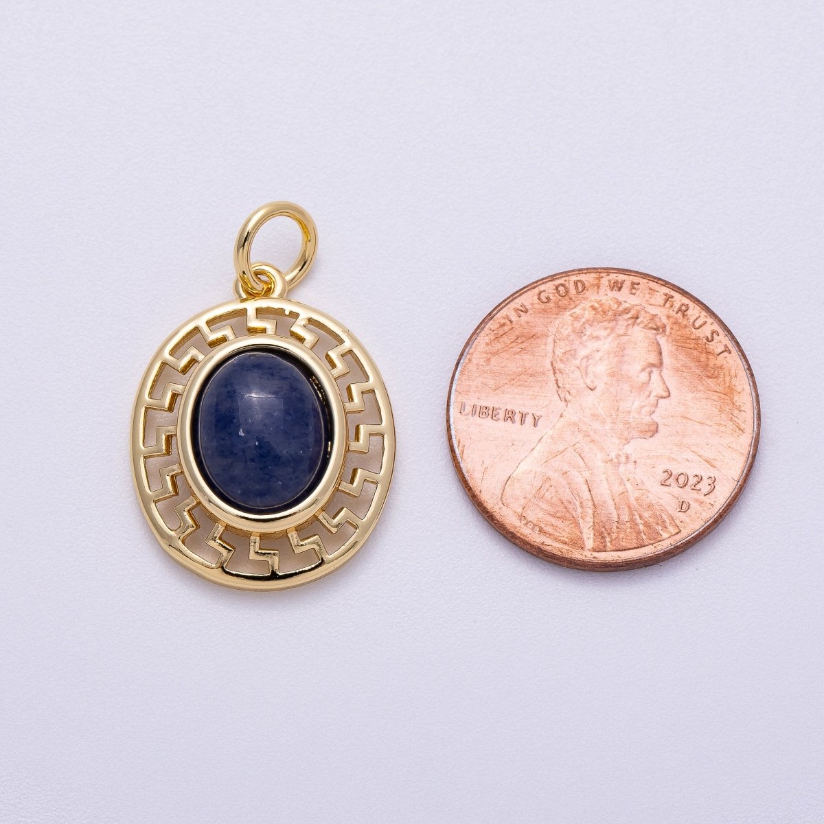 16K Gold Filled 20mm Blue Kyanite Cabochon Gemstone Open Geometric Bezel Oval Charm | Charms - 00599 - DLUXCA