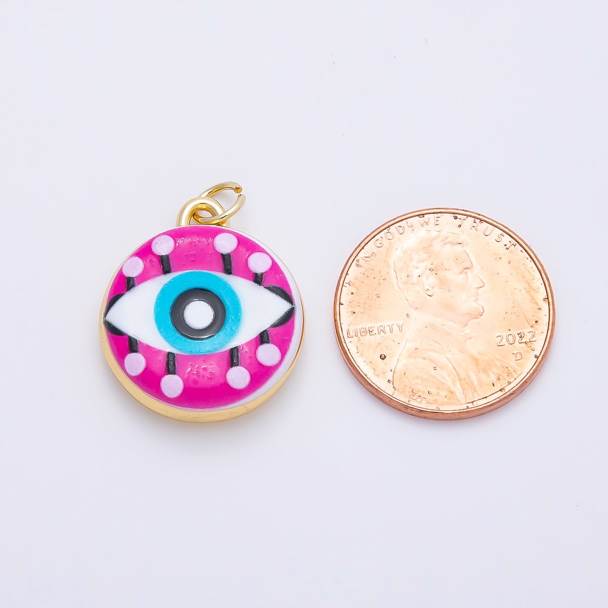 16K Gold Filled 20mm Blue Pink Evil Eye Enamel Round Charm | Charms-01241 - DLUXCA