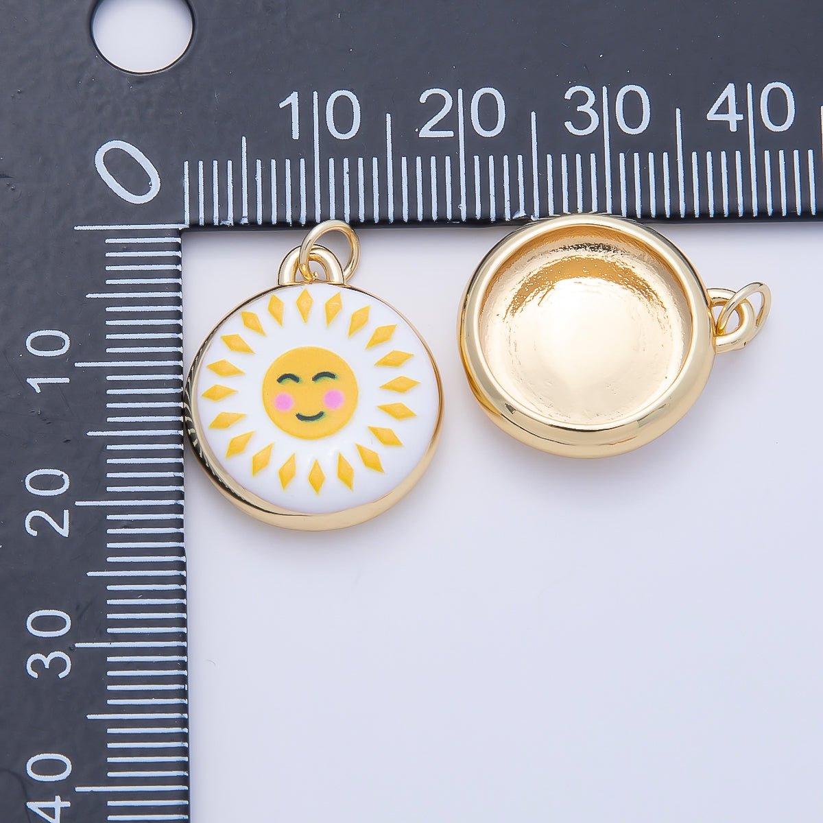 16K Gold Filled 20mm Celestial Sun Enamel Round Charm | Charms-01242 - DLUXCA
