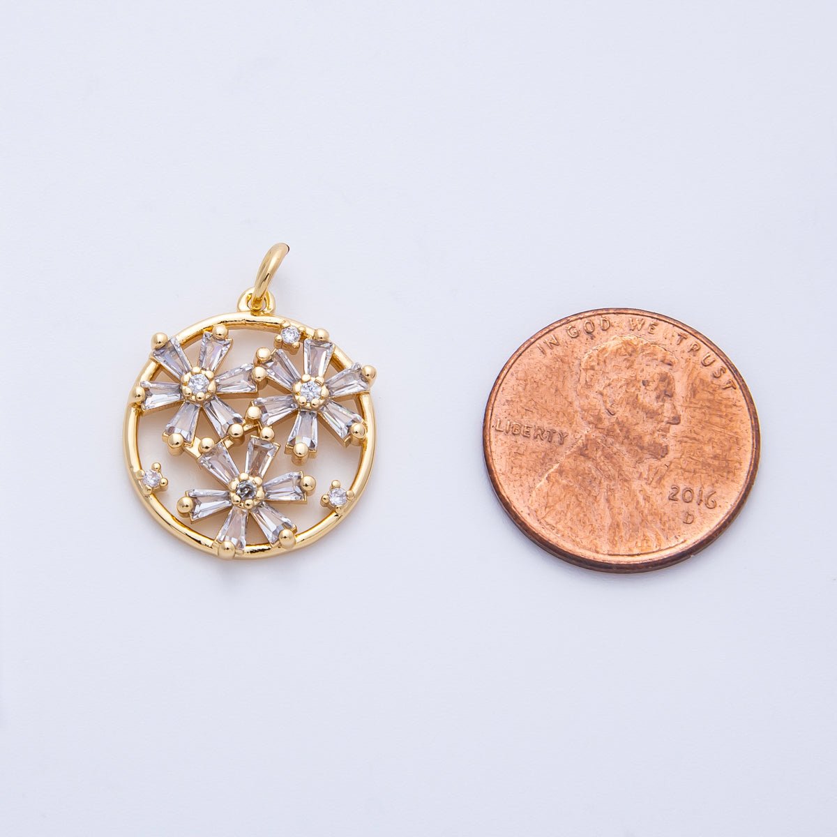 16K Gold Filled 20mm Clear CZ Baguette Triple Flower Open Round Charm | Charms - 00392 - DLUXCA