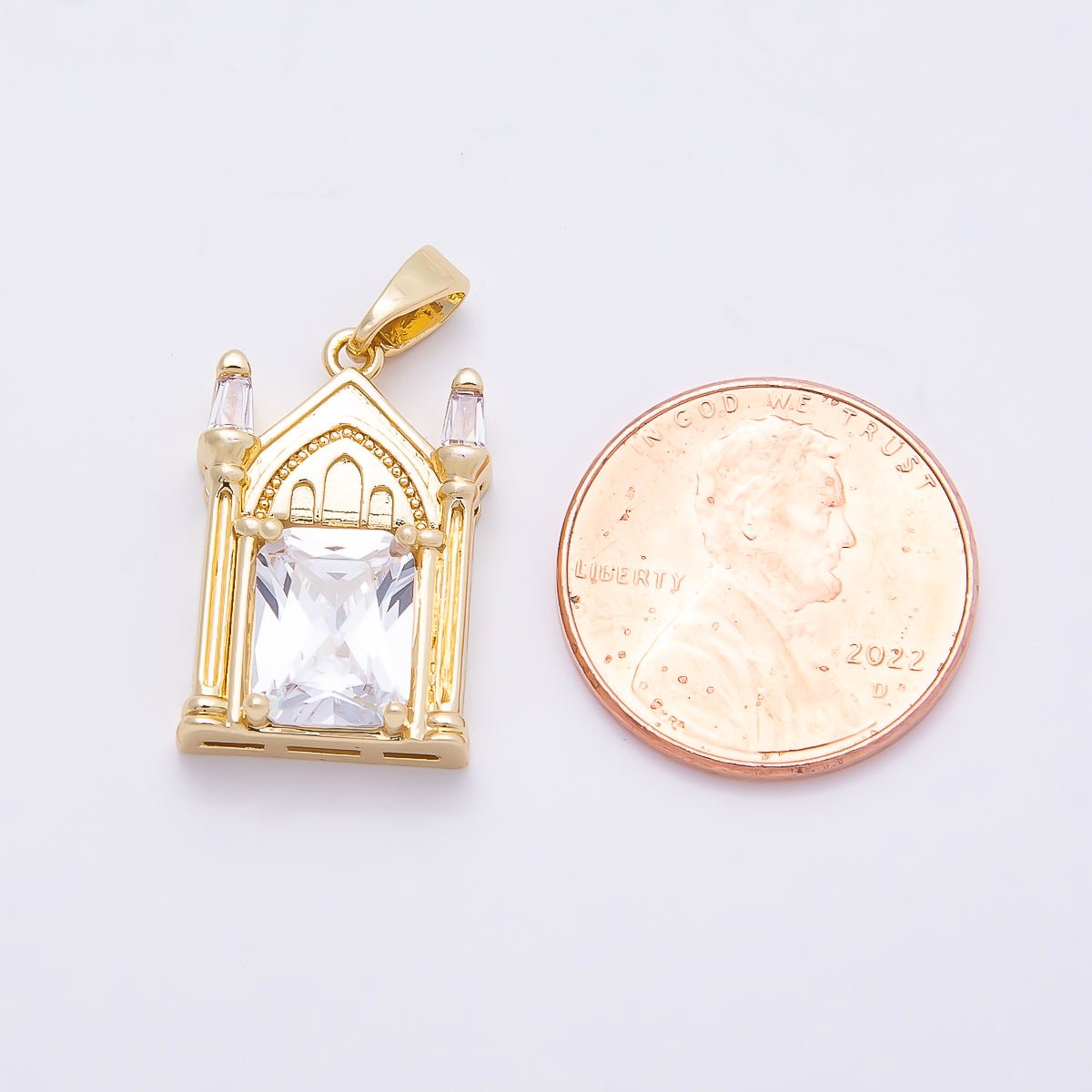 16K Gold Filled 20mm Clear CZ Baguette Vintage Church Castle Pendant | Charms-01037 - DLUXCA