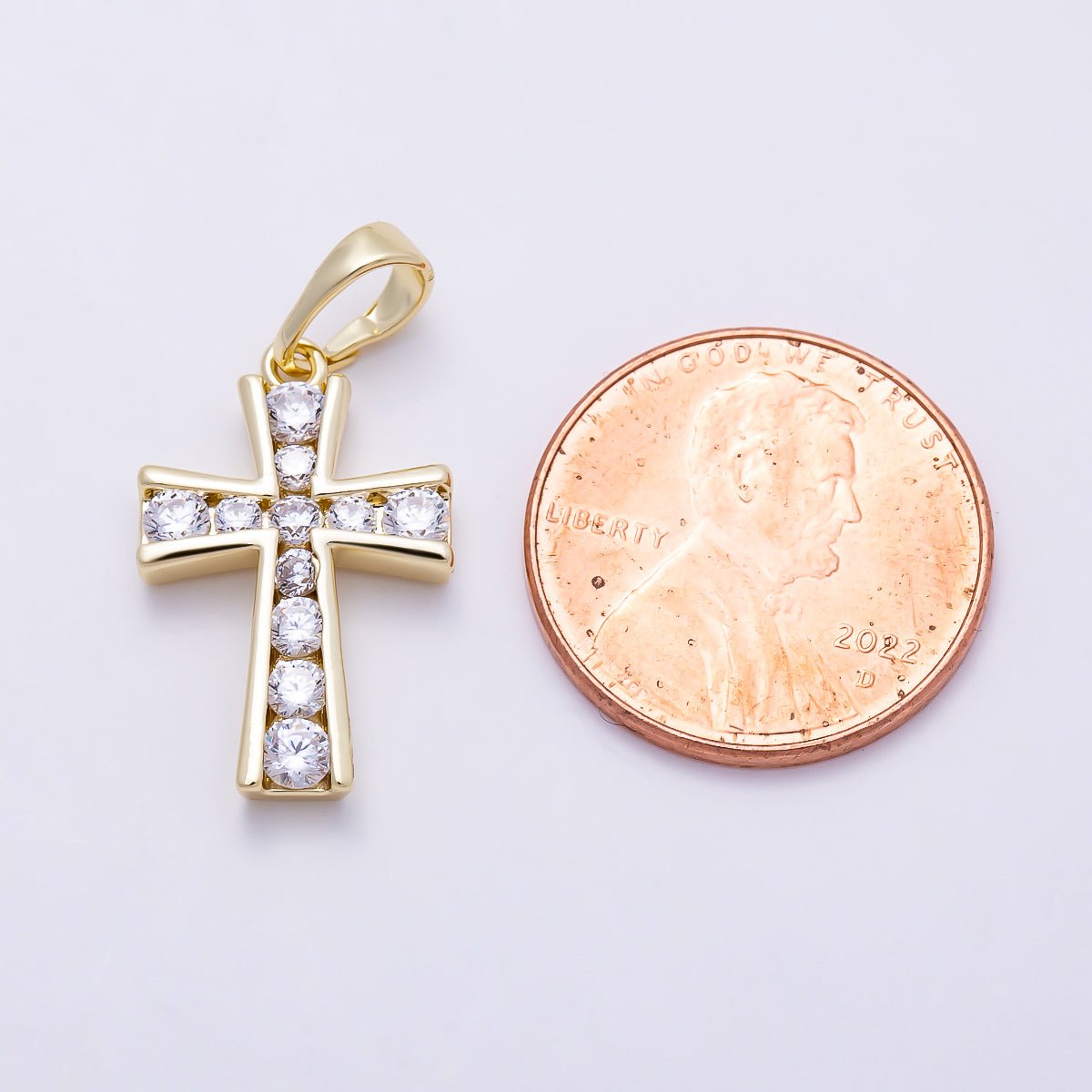 16K Gold Filled 20mm Clear CZ Lined Religious Cross Pendant | Charms-01381 - DLUXCA