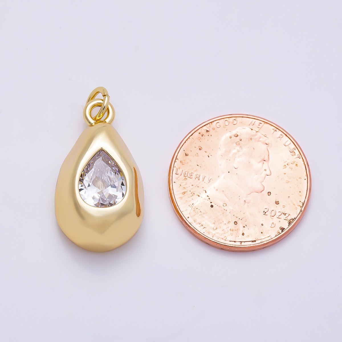 16K Gold Filled 20mm Clear CZ Teardrop Geometric Molten Bezel Chubby Charm | Charms-01355 - DLUXCA