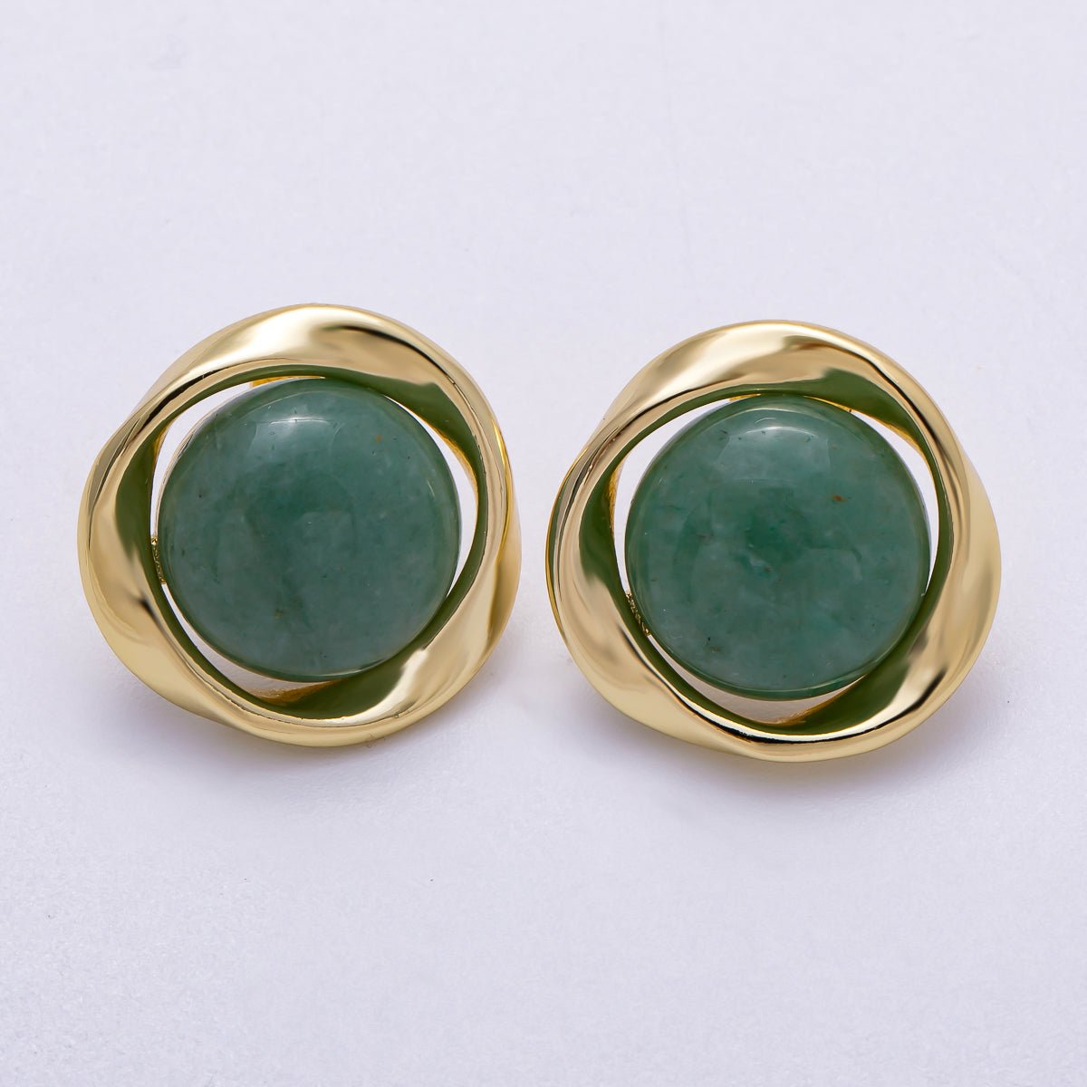 16K Gold Filled 20mm Green Aventurine Cabochon Gemstone Geometric Bezel Stud Earrings | Earrings - 00330 - DLUXCA