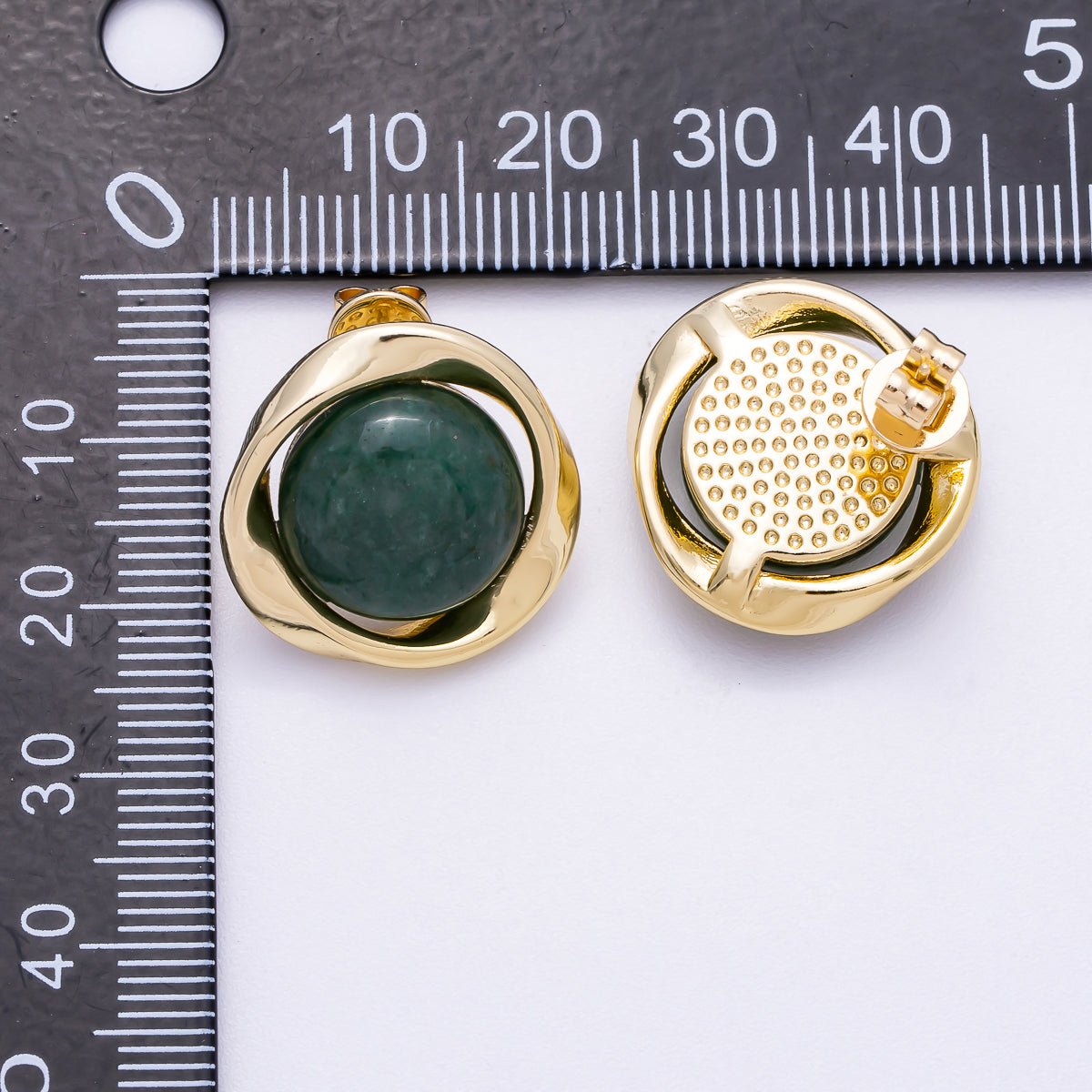 16K Gold Filled 20mm Green Aventurine Cabochon Gemstone Geometric Bezel Stud Earrings | Earrings - 00330 - DLUXCA
