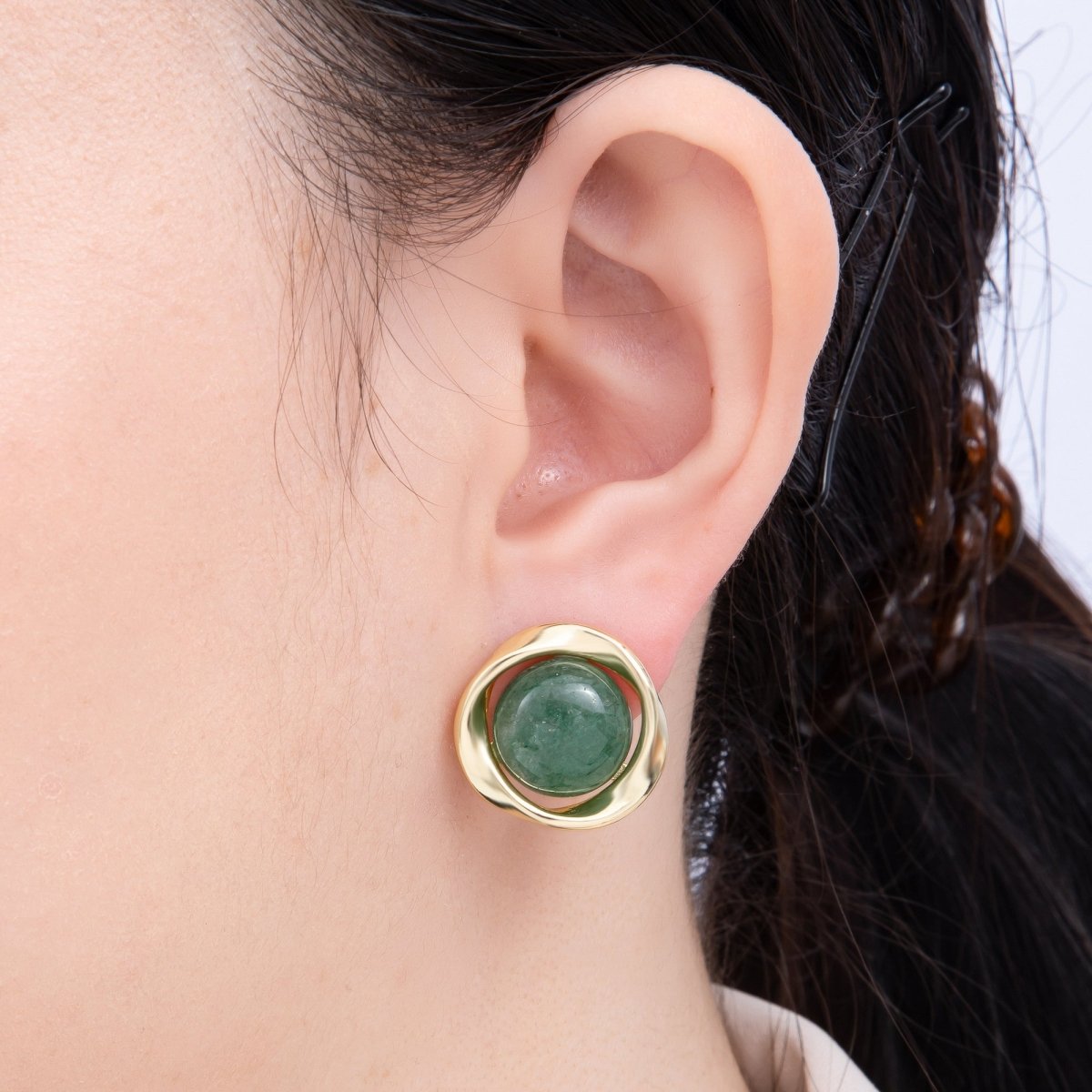 16K Gold Filled 20mm Green Aventurine Cabochon Gemstone Geometric Bezel Stud Earrings | Earrings - 00330 - DLUXCA
