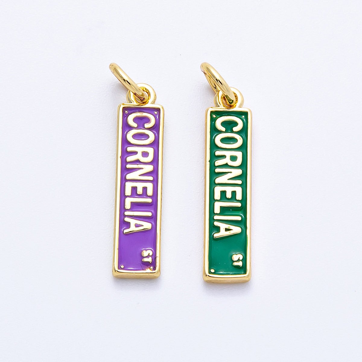 16K Gold Filled 20mm Green, Purple Enamel Cornelia Street NY Street Sign Charm | Charms - 00251 Charms - 00252 - DLUXCA