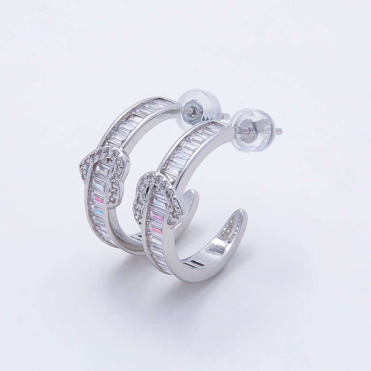 16K Gold Filled 20mm Heart Knot Baguette Micro Paved CZ C-Shaped Hoop in Gold & Silver | Earrings-00643 Earrings-00644 - DLUXCA
