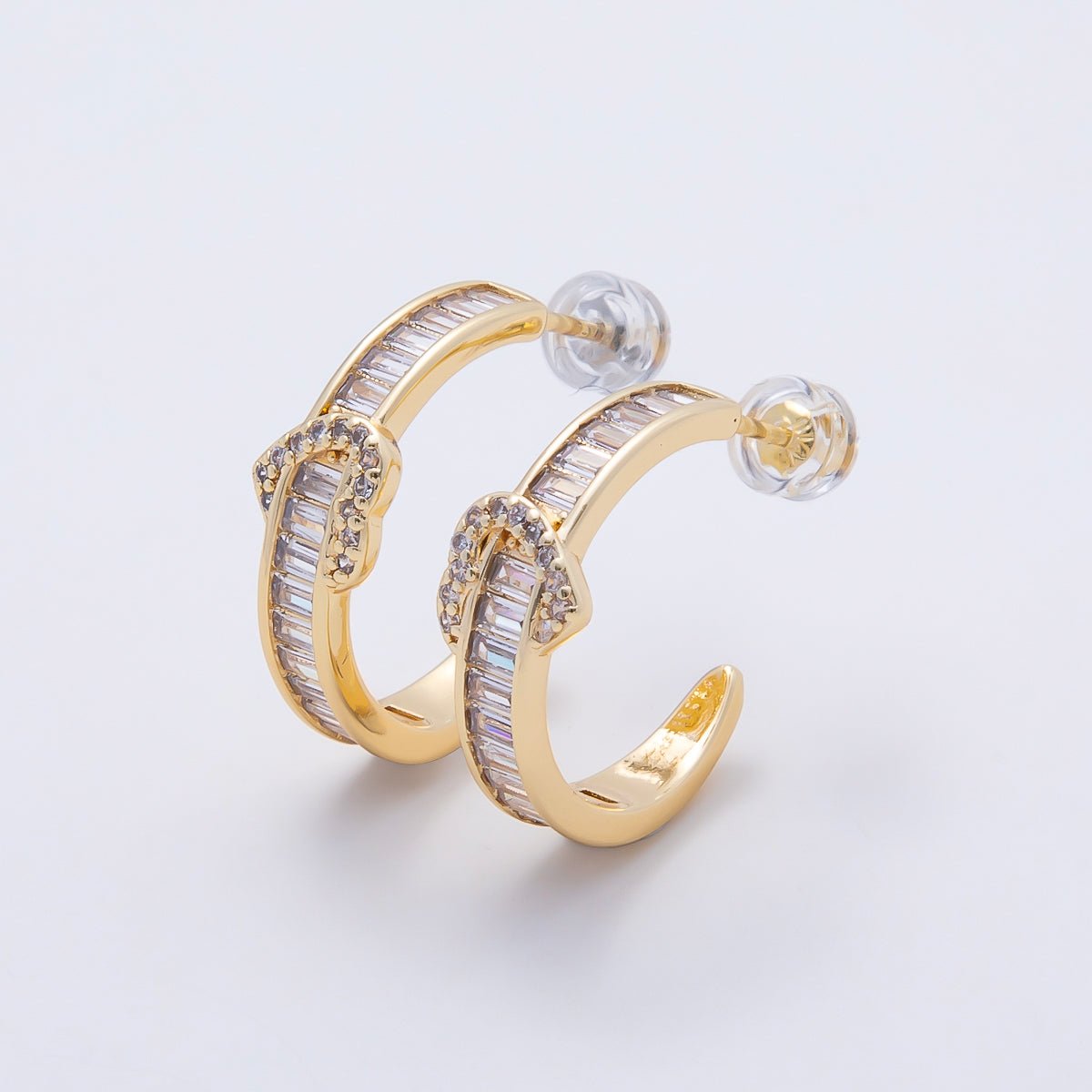 16K Gold Filled 20mm Heart Knot Baguette Micro Paved CZ C-Shaped Hoop in Gold & Silver | Earrings-00643 Earrings-00644 - DLUXCA