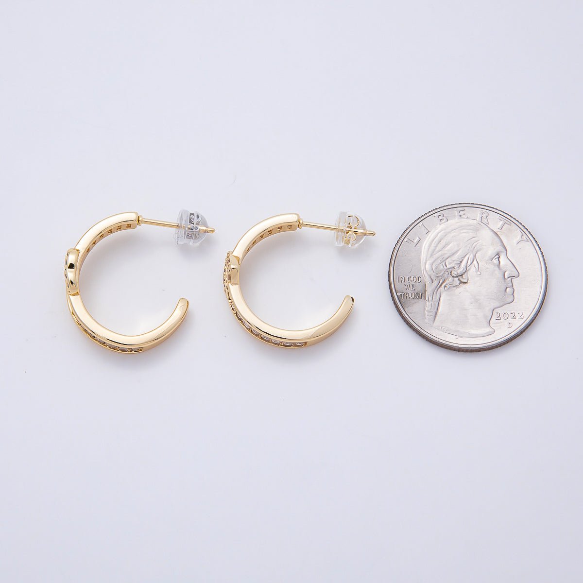 16K Gold Filled 20mm Heart Knot Baguette Micro Paved CZ C-Shaped Hoop in Gold & Silver | Earrings-00643 Earrings-00644 - DLUXCA