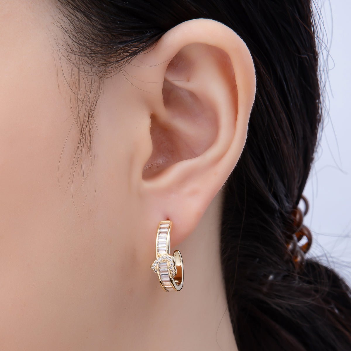 16K Gold Filled 20mm Heart Knot Baguette Micro Paved CZ C-Shaped Hoop in Gold & Silver | Earrings-00643 Earrings-00644 - DLUXCA