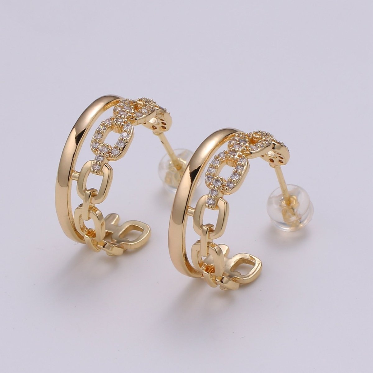 16K Gold Filled 20mm Micro Paved CZ Cable Link Double Band C - Shaped Hoop Earrings | Q422 - DLUXCA