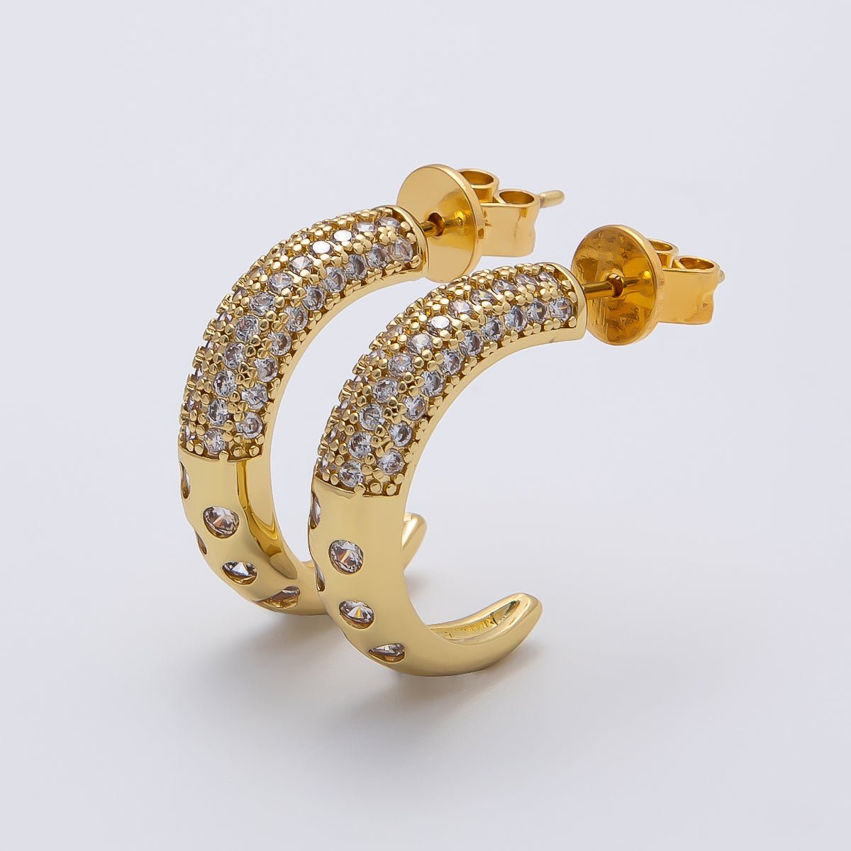 16K Gold Filled 20mm Micro Paved CZ Dotted C - Shaped Hoops Earrings | Earrings - 00261 - DLUXCA