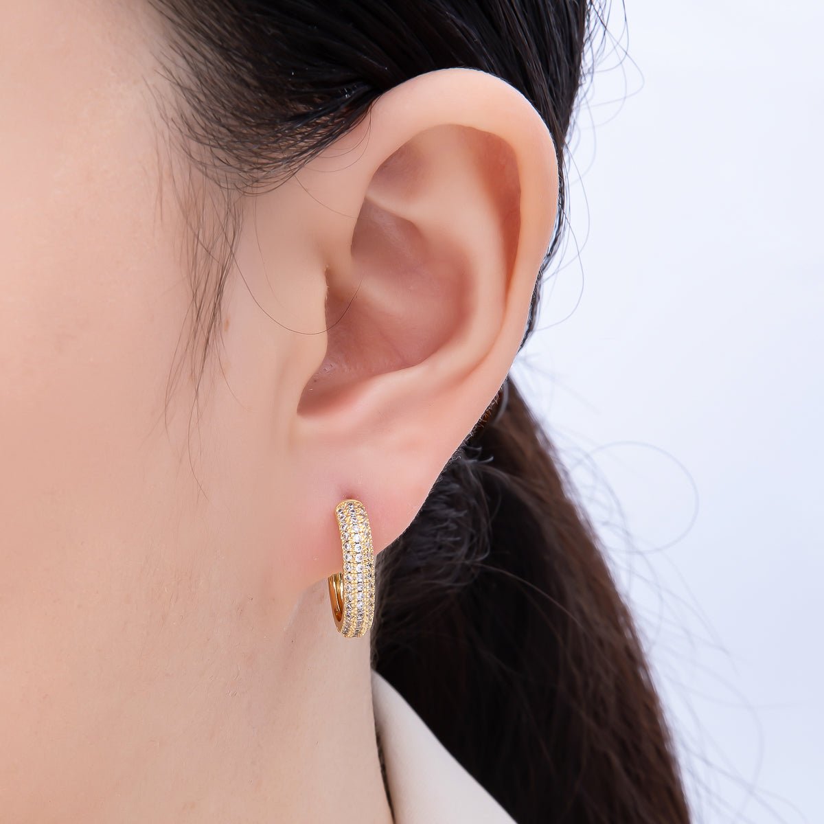 16K Gold Filled 20mm Micro Paved CZ J - Shaped Hoop Earrings | Earrings - 00339 - DLUXCA