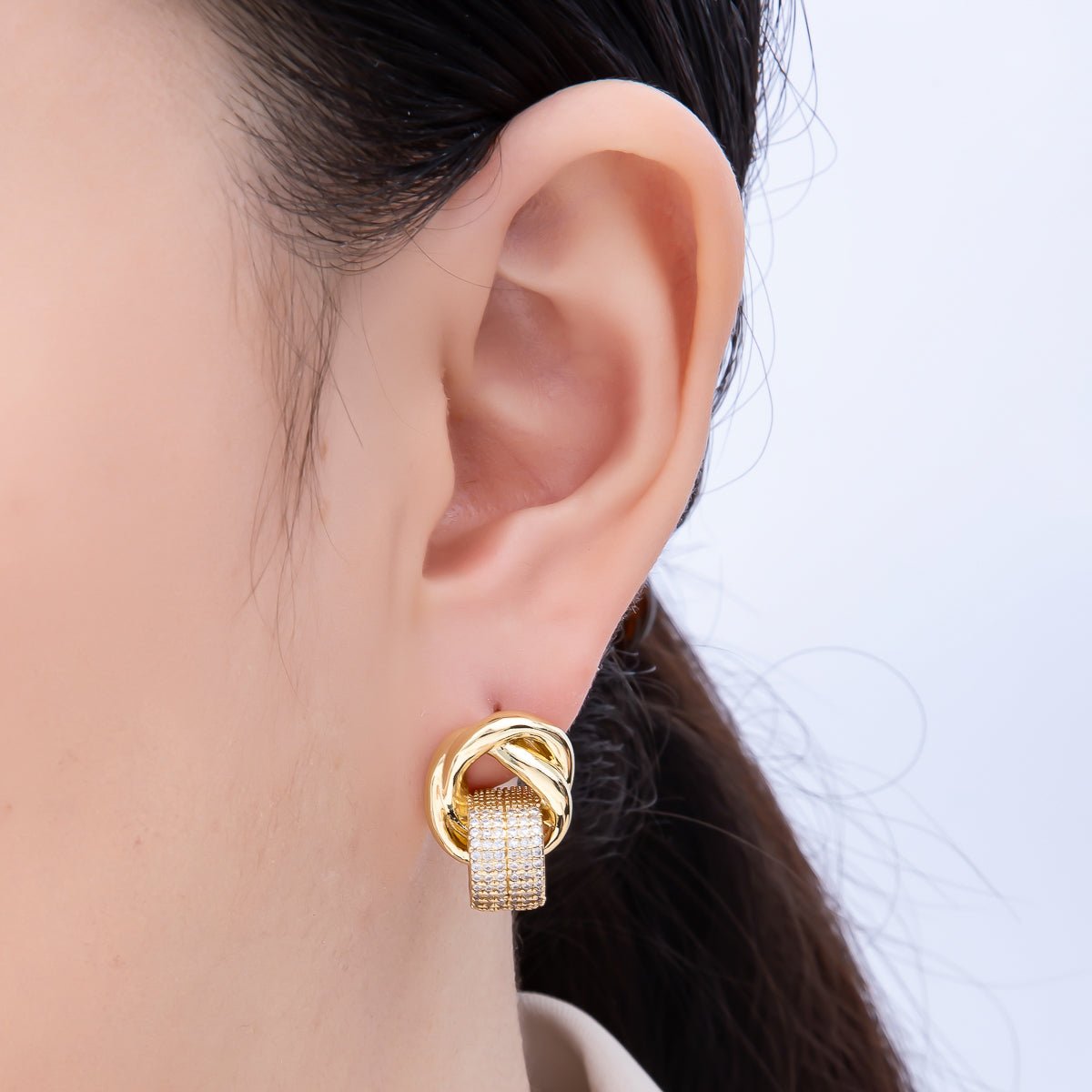 16K Gold Filled 20mm Micro Paved CZ Knot Door Knocker Stud Earrings | Earrings - 00368 - DLUXCA