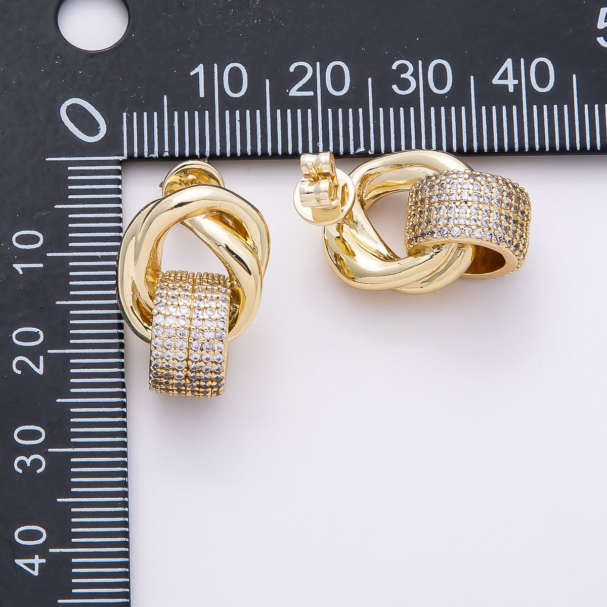 16K Gold Filled 20mm Micro Paved CZ Knot Door Knocker Stud Earrings | Earrings - 00368 - DLUXCA
