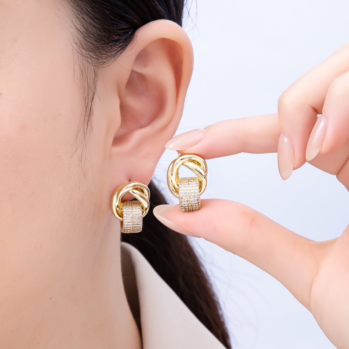 16K Gold Filled 20mm Micro Paved CZ Knot Door Knocker Stud Earrings | Earrings - 00368 - DLUXCA