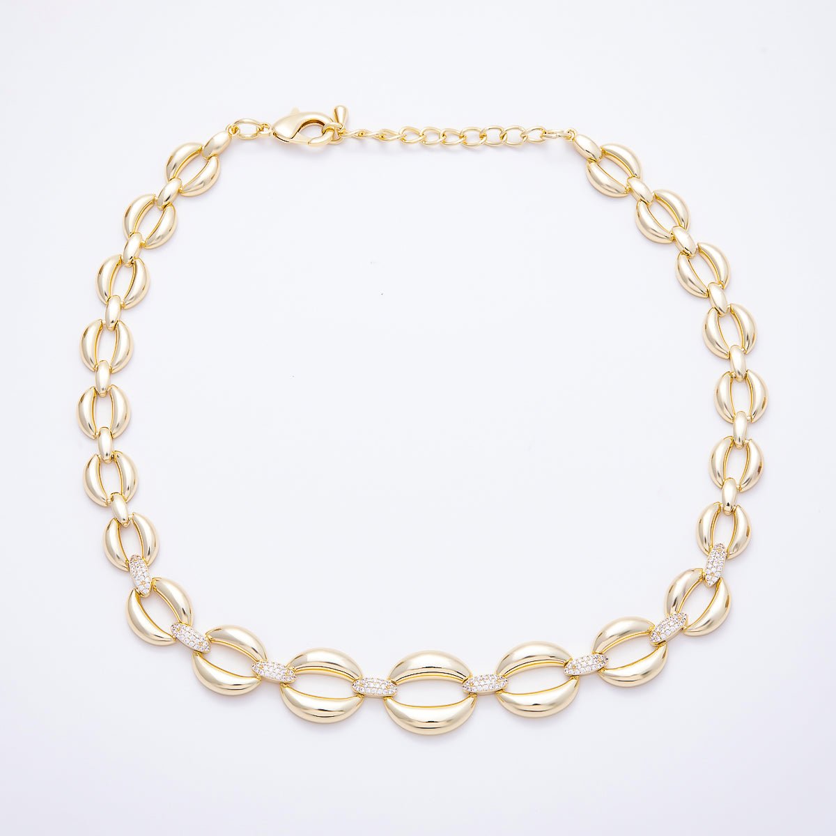 16K Gold Filled 20mm Micro Paved CZ Puffed Mariner Link Chain 16 Inch Necklace | WA-00448 - WA-00449 - DLUXCA