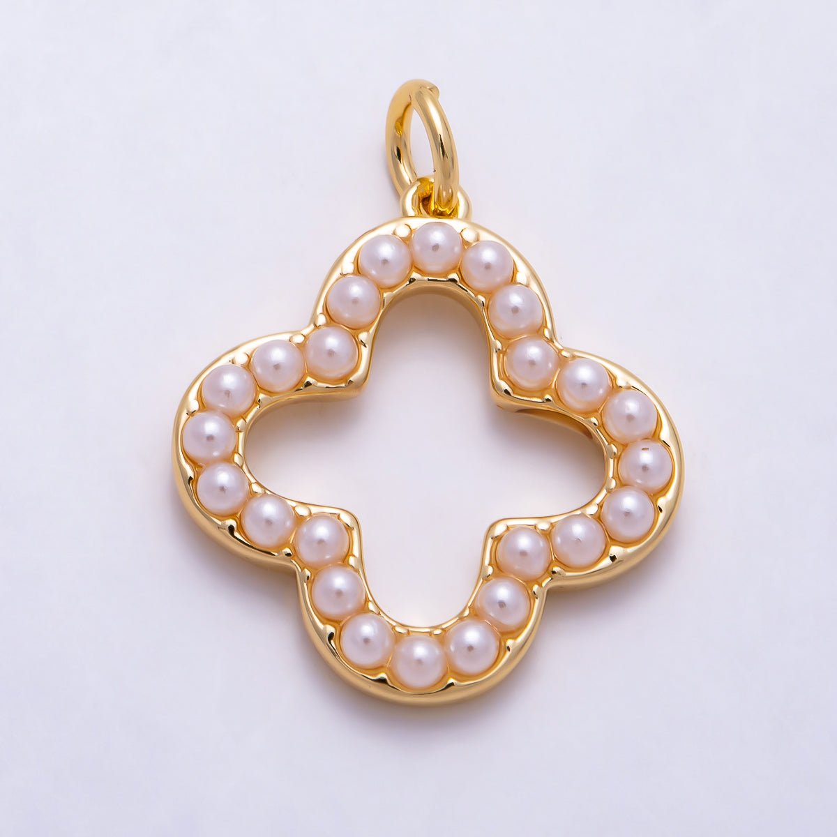 16K Gold Filled 20mm Openwork Quatrefoil Faux Pearl Frame Lucky Clover Charm | Charms-01694 - Charms-01695 - DLUXCA