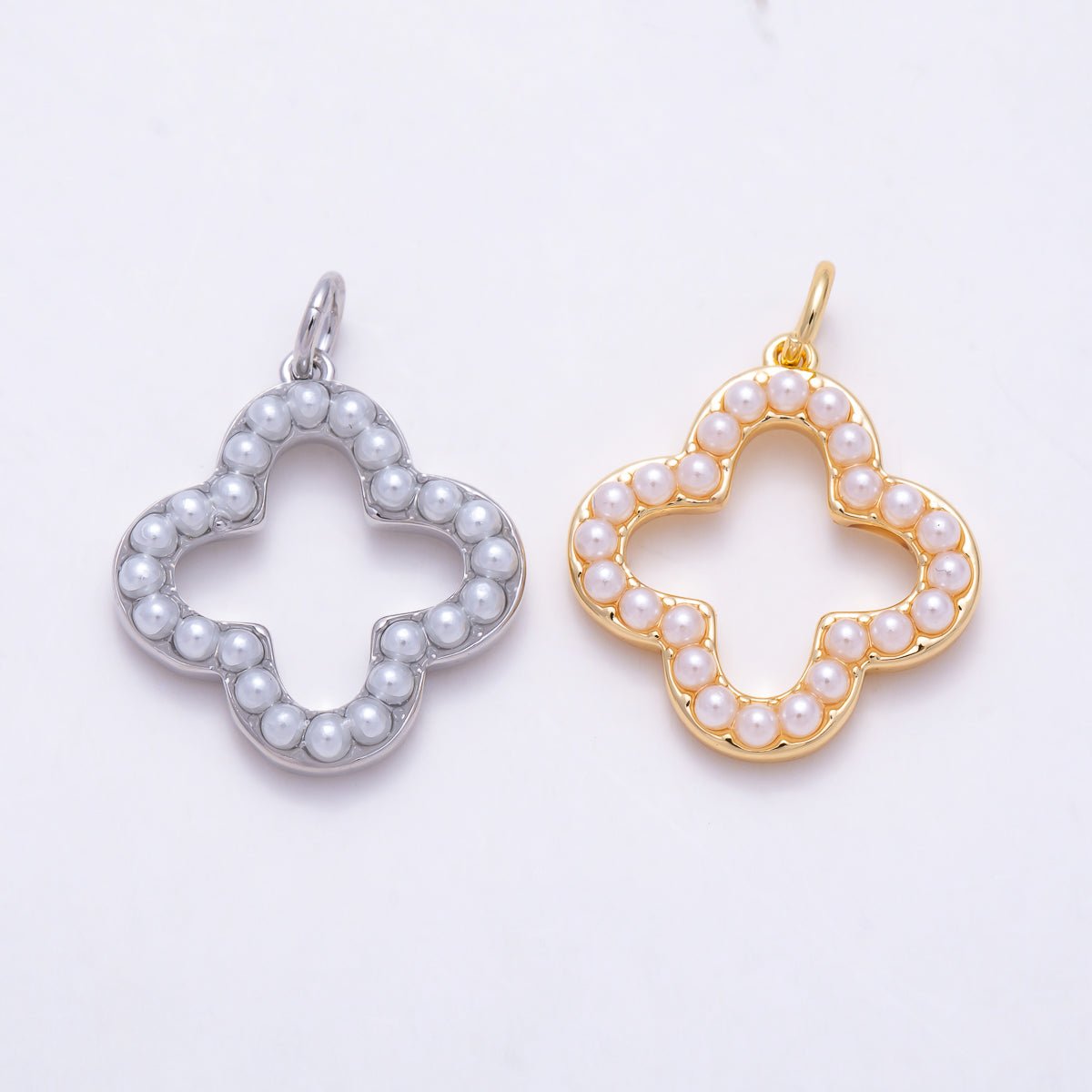 16K Gold Filled 20mm Openwork Quatrefoil Faux Pearl Frame Lucky Clover Charm | Charms-01694 - Charms-01695 - DLUXCA