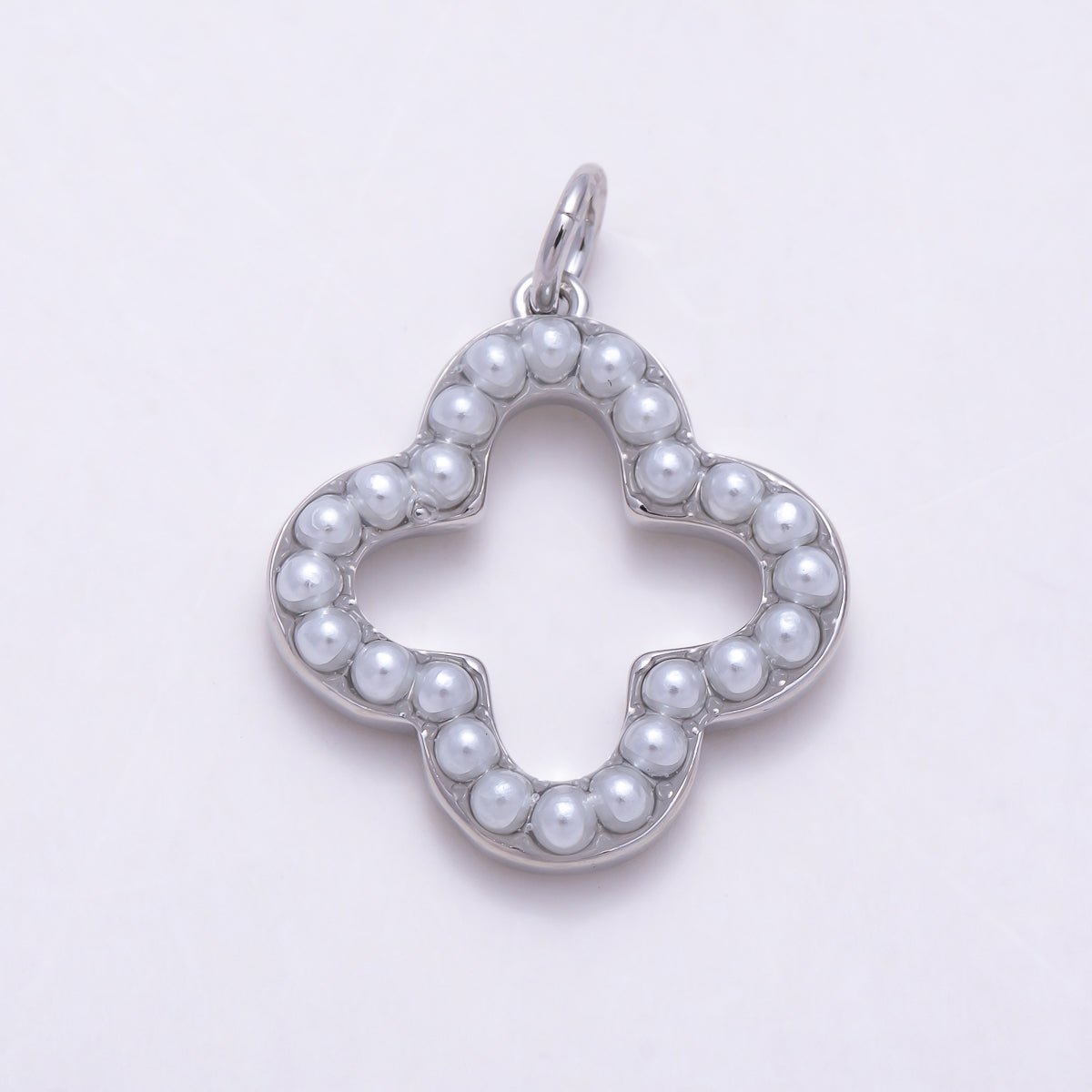 16K Gold Filled 20mm Openwork Quatrefoil Faux Pearl Frame Lucky Clover Charm | Charms-01694 - Charms-01695 - DLUXCA