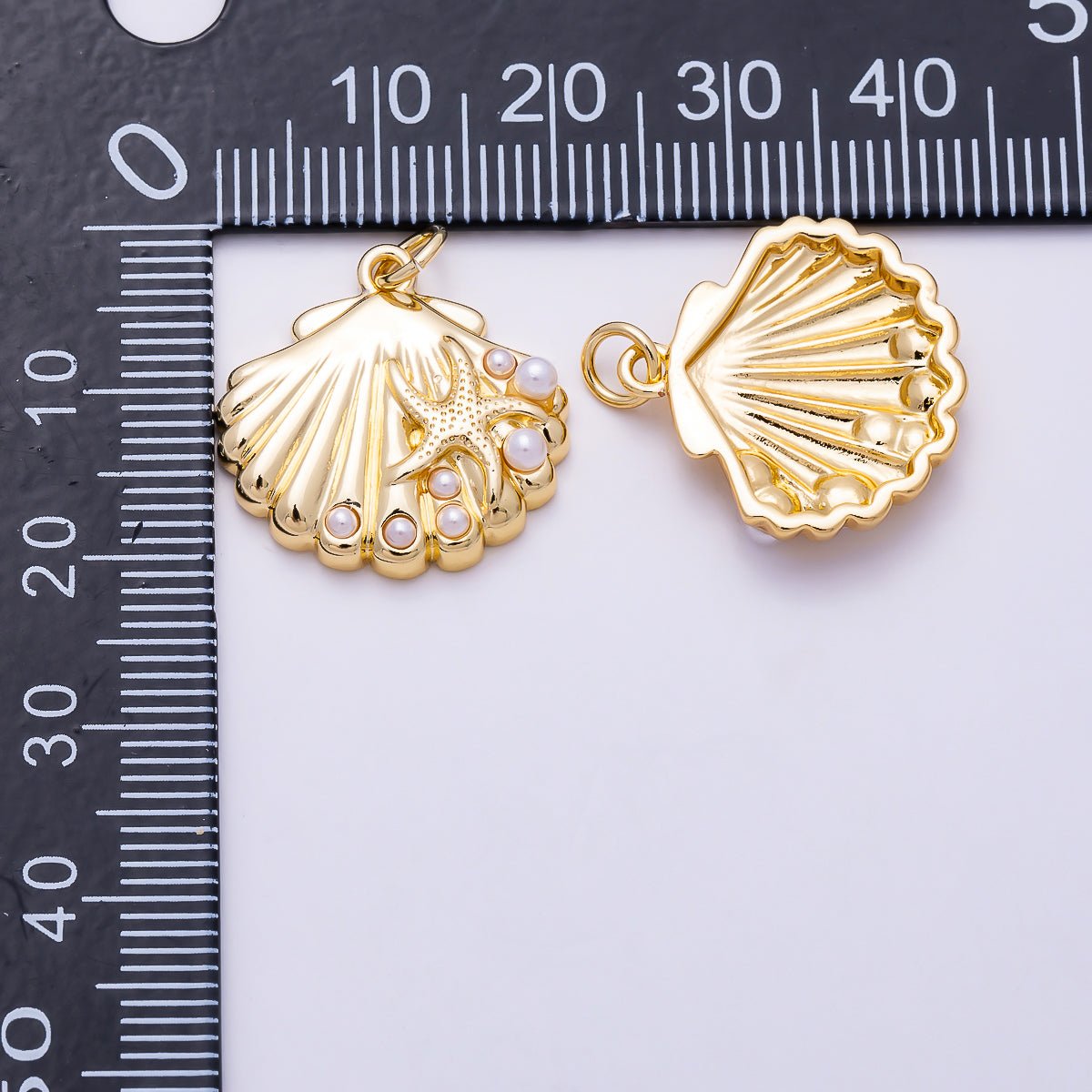 16K Gold Filled 20mm Shell Pearl Dotted Starfish Sea Shell Scallop Charm | Charms-01998 - DLUXCA