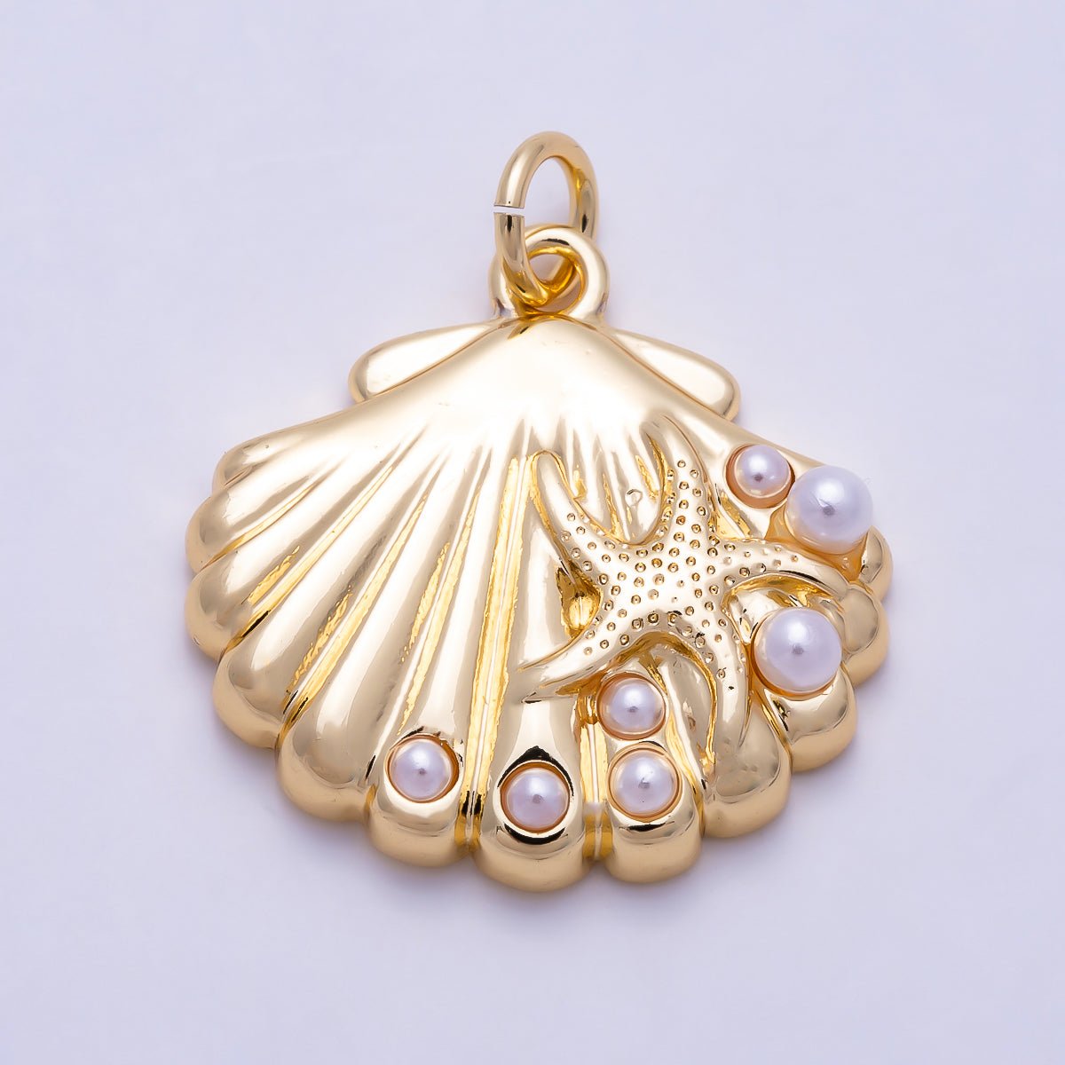 16K Gold Filled 20mm Shell Pearl Dotted Starfish Sea Shell Scallop Charm | Charms-01998 - DLUXCA