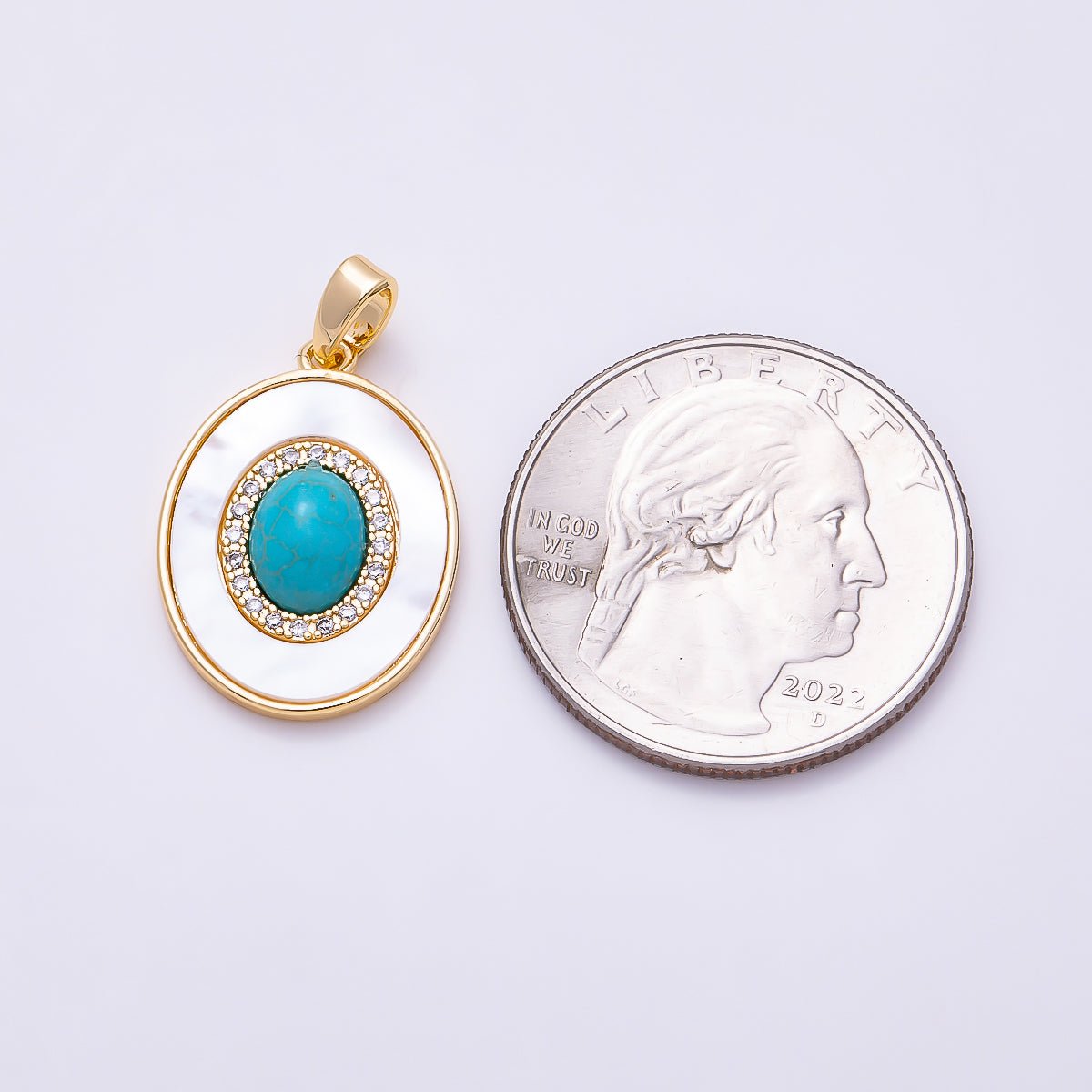 16K Gold Filled 20mm Tiger Eye, Turquoise Shell Pearl Micro Paved CZ Cabochon Gemstone Oval Pendant | Charms-01584 - DLUXCA