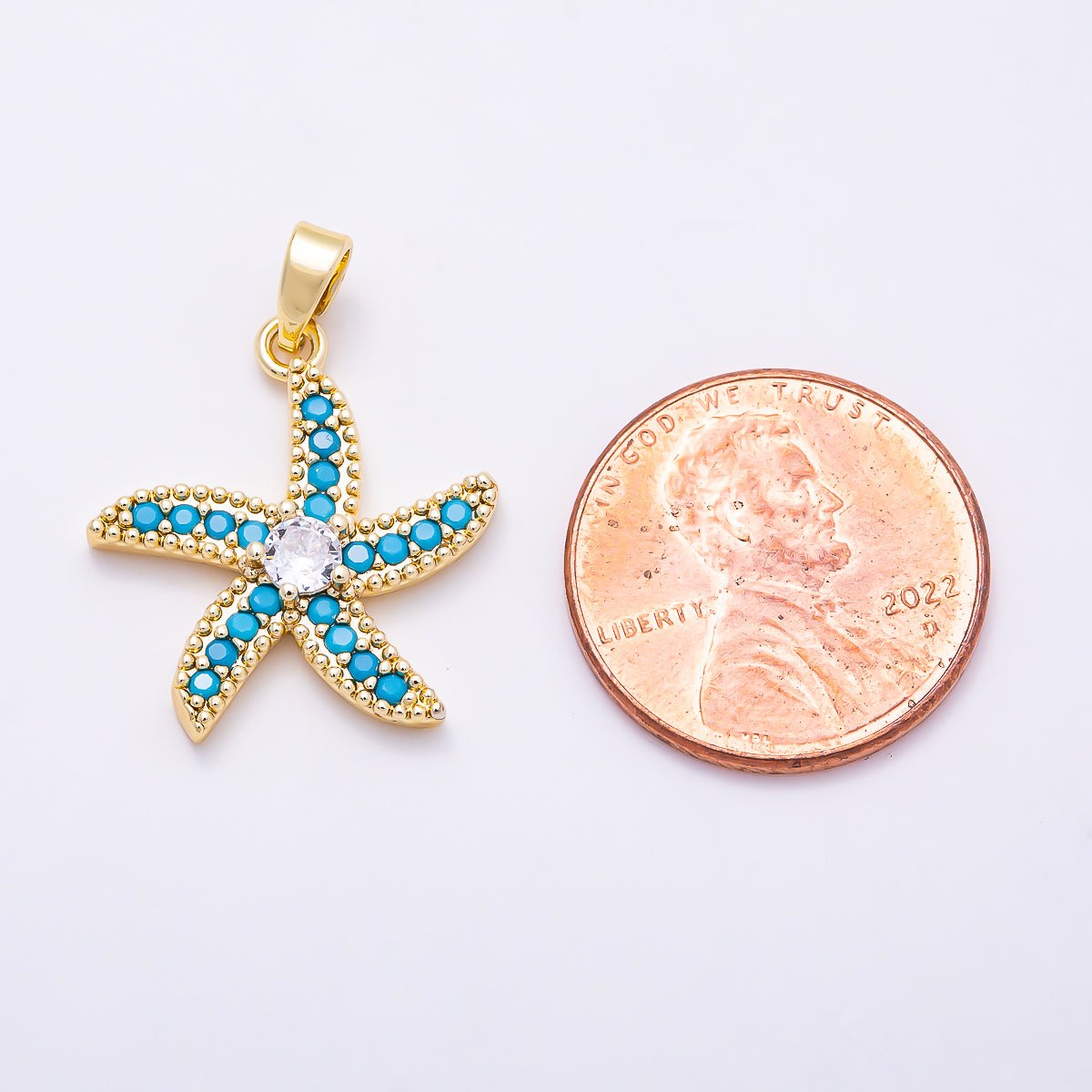 16K Gold Filled 20mm Turquoise Micro Paved Solitaire CZ Starfish Ocean Pendant in Gold & Silver | Charms-01898 - Charms-01899 - DLUXCA