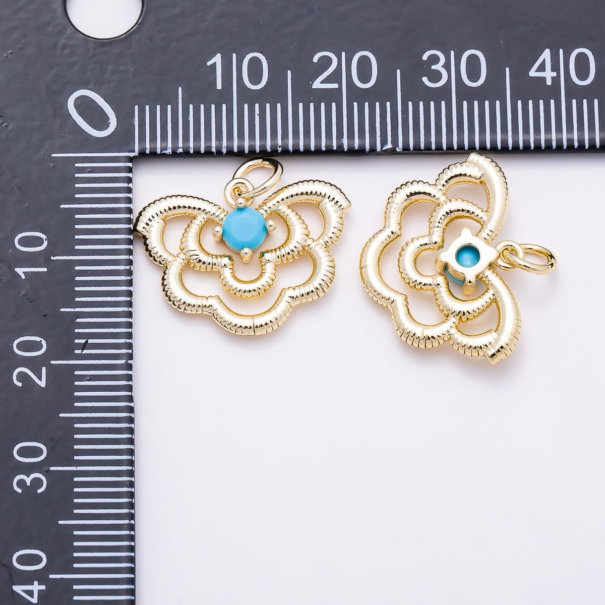 16K Gold Filled 20mm Turquoise Solitaire CZ Textured Butterfly Mariposa Animal Charm | Charms-01851 - Charms-01852 - DLUXCA