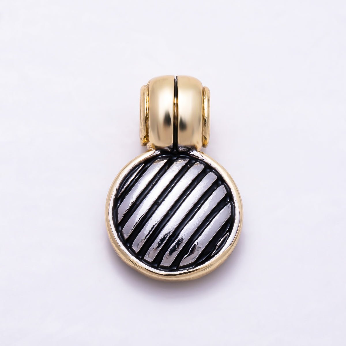 16K Gold Filled 20mm Two-Tone Round Diagonal Striped Black Enamel Pendant | Charms-01926 - DLUXCA