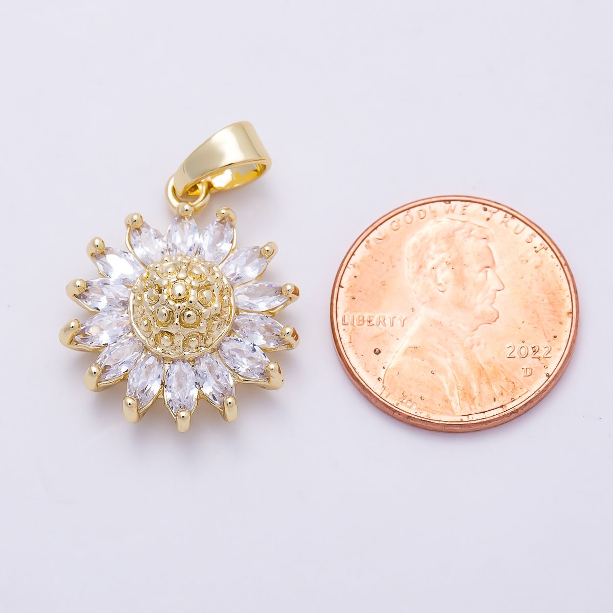 16K Gold Filled 21.5mm Clear CZ Sun Flower Pendant | Charms-01383 - DLUXCA