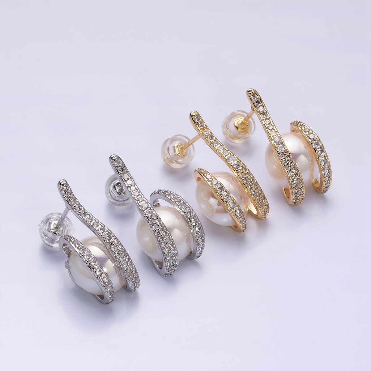 16K Gold Filled 21.5mm Iridescent Shell Pearl Micro Paved CZ Claw Drop Stud Earrings in Gold & Silver | AD972 AD973 - DLUXCA