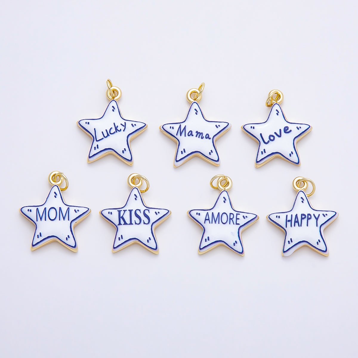 16K Gold Filled 21.5mm Lucky, Amore, Happy, Kiss, Mom, Mama, Love Script Blue White Celestial Star Charm | Charms-01229 ~ Charms-01235 - DLUXCA