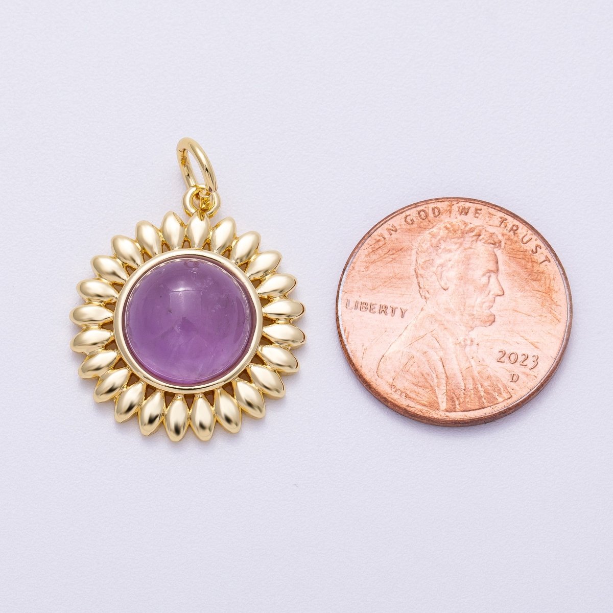 16K Gold Filled 21mm Carnelian, Aquamarine, Amethyst Round Cabochon Gemstone Flower Charm | Charms - 00600 ~ Charms - 00602 - DLUXCA