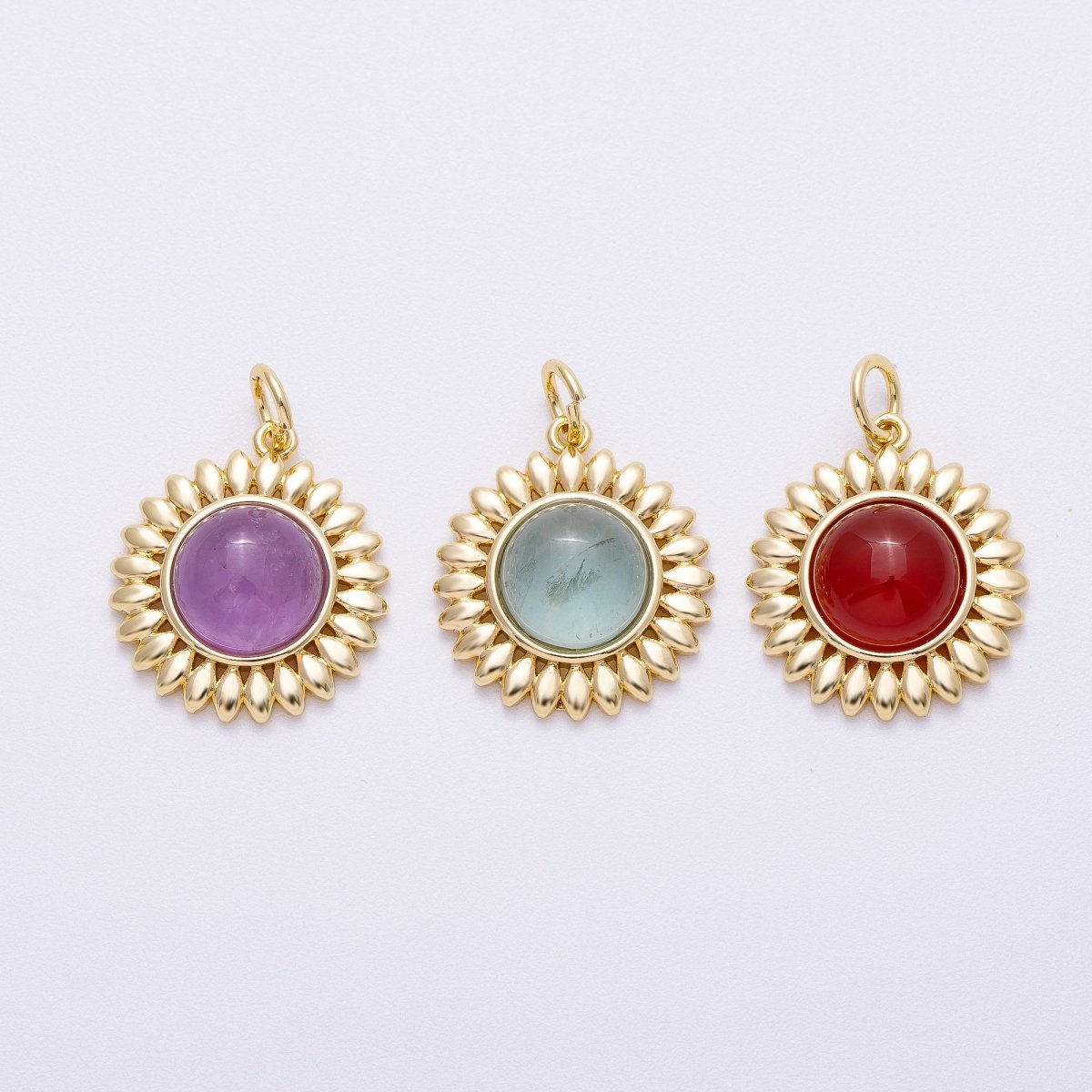 16K Gold Filled 21mm Carnelian, Aquamarine, Amethyst Round Cabochon Gemstone Flower Charm | Charms - 00600 ~ Charms - 00602 - DLUXCA